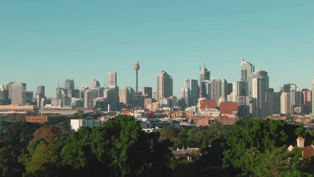 4K Aerial Downtown Sidney, Australia Drone jib down shot