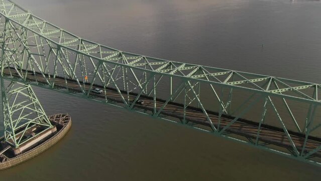 4K Aerial Big steel bridge on Columbia river in Oregon Drone overhead shot