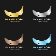 Vector set of luxury golden banana logo on black background, and also in color, silver, bronze and diamond