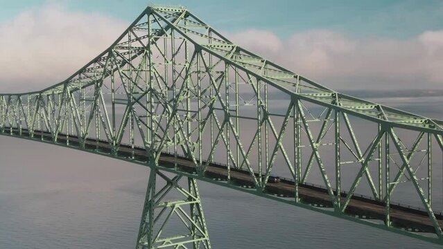 4K Aerial Big steel bridge on Columbia river in Oregon Drone closeup + jib down shot