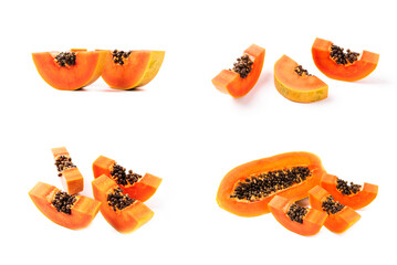 Set of Papaya sliced isolated on white background.
