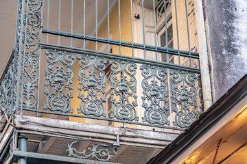 Closeup of the ironwork detail in a historic building in the famous French Quarter, in New Orleans,...