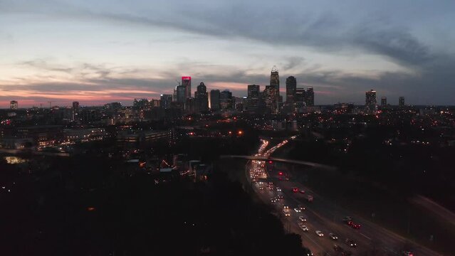 4K Aerial Drone Footage Towards Charlotte North Carolina at Night