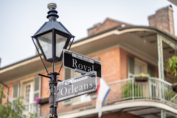 New Orleans, LA. Traditional street signs in the French Quarter, at Royal and Orleans streets.