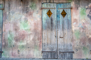 Beautiful pastel door of the famous Preservation Hall jazz venue in the French Quarter, in New...