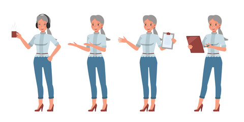 Obraz premium Set of office woman character vector design. Presentation in various action. People working in office planning, thinking and economic analysis.