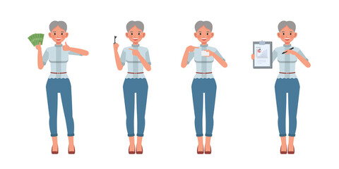 Set of office woman character vector design. Presentation in various action. People working in office planning, thinking and economic analysis.