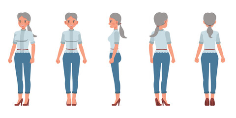 Obraz premium Set of office woman character vector design. Presentation in various action. People working in office planning, thinking and economic analysis.