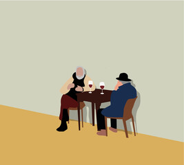 Two spending time on the cafe summer talking and drinking wine. The concept of active old age. Flat vector characters.  