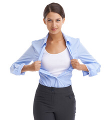 In a business league of her own. Cropped shot of a businesswoman ripping open her shirt to reveal...