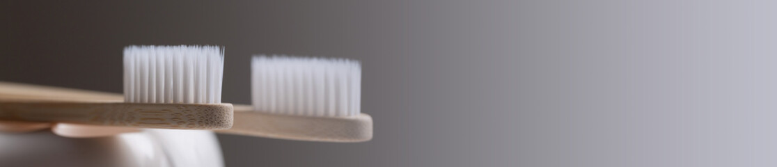 A set of eco-friendly bamboo wooden toothbrushes in a tooth-shaped holder.
