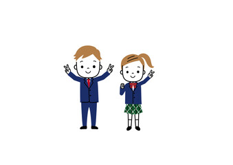 制服姿でVサインをして喜んでいる学生　中学生　高校生