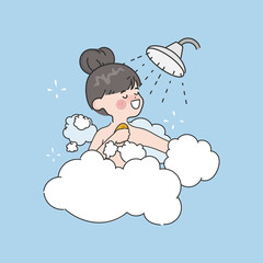 Hand drawn cute kid girl take shower in the bathroom character.