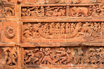 Figurines made of terracotta at Radhagobinda Temple, Bishnupur , West Bengal, India .