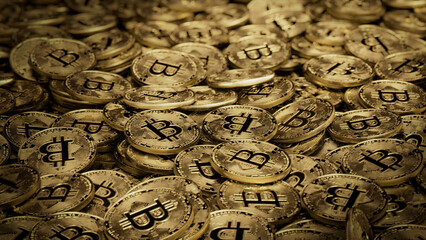 Bitcoin Cryptocurrency represented as Gold Coins. Blockchain Asset Wallpaper. 3D Render.