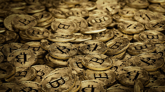 Bitcoin Cryptocurrency represented as Gold Coins. Blockchain Asset Wallpaper. 3D Render.