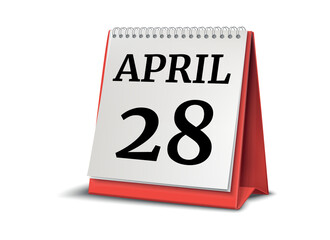 Calendar on white background. 28 April. 3D illustration.