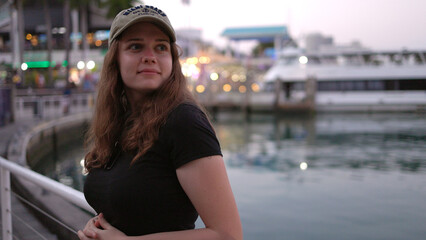 Young woman at Miami Bayside - close up shot in the evening