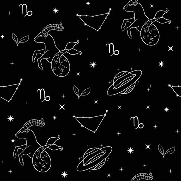 Seamless pattern. Vector illustration.
Capricorn zodiac sign. Constellation of capricorn. Planet, star, sign and element