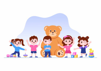 Fototapeta premium Cute Children Playing with Various Toy at Kindergarten in Flat Cartoon Style Illustration. Interior of Playroom for fun and Gaming