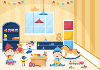 Cute Children Playing with Various Toy at Kindergarten in Flat Cartoon Style Illustration. Interior of Playroom for fun and Gaming