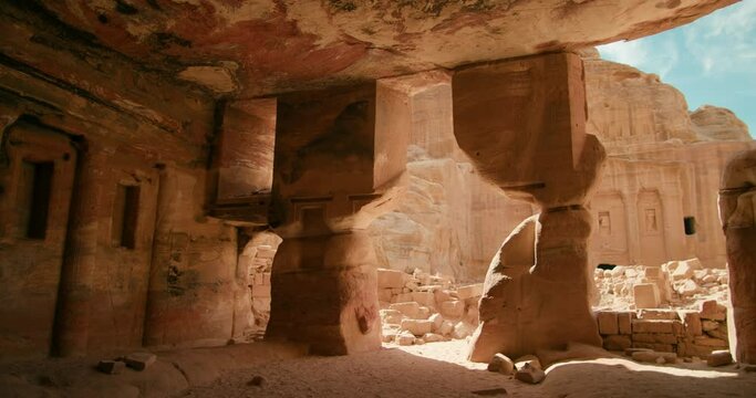 Ancient City of PETRA - Jordan's most-visited tourist attraction. Tomb of the Roman Soldier Historic and archaeological Red Rose City with rock-cut architecture. 4K zoom in gimbal shot