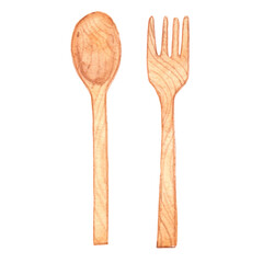 Spoon and fork wood watercolor illustration for decoration on tableware and kitchen.