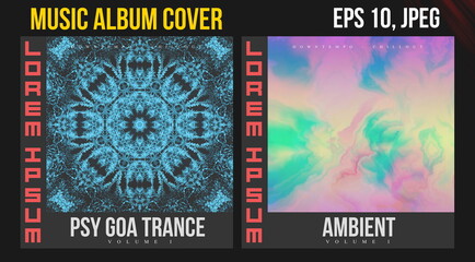 Music Album Cover Art. Abstract Vector Design of CD Cover and Vinyl Record. Electronic Music Album Presentation. Futuristic Color Visual Elements. Geometric Motion Background and Texture.