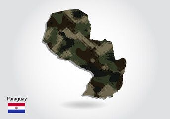 Paraguay map with camouflage pattern, Forest - green texture in map. Military concept for army, soldier and war. coat of arms, flag.