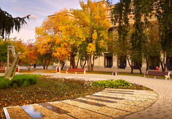 Theater square in autumn. A square with a harp, bright autumn plants and flowers - obrazy, fototapety, plakaty