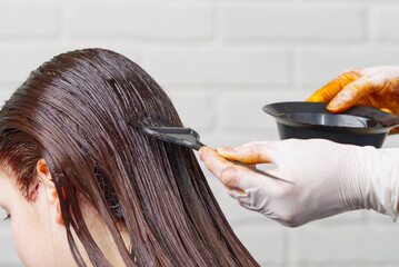 The hairdresser paints the woman's hair in a dark color, apply the paint to her hair. Getting...