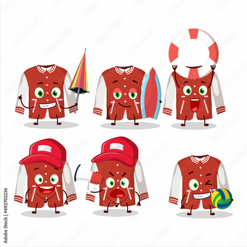 Poster Happy Face red baseball jacket cartoon character playing on a beach