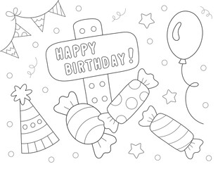birthday coloring page for kids and adults, fun party design with sweets. you can print it on standard 8.5x11 inch paper