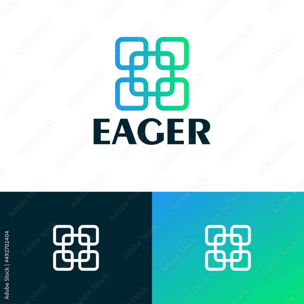 Poster Blockchain connected logo design concept. Tech company brand logomark illustration. Can representing algorithm, data, artificial, system, crypto.