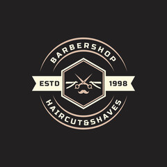 Naklejka premium Vintage Retro Badge for Barber Shop Flourish and Calligraphic Typographic Logo Design Inspiration