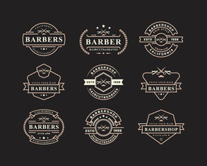 Fototapeta premium Set of Vintage Retro Badge for Barber Shop Flourish and Calligraphic Typographic Logo Design Inspiration