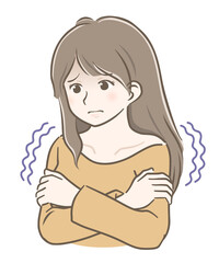 寒気がしているロングヘアの若い女性