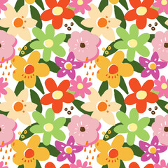 Seamless Pattern of Hand Drawn Flower Art Design on White Background