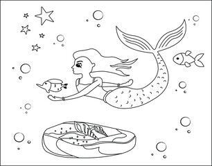 (Mermaid Coloring Page: 22) Cute mermaid with goldfishes, green grass, water bubbles on background, vector black and white coloring page.
