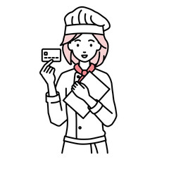 立って書類とカードを手に持つ調理師の女性