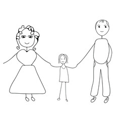 Happy cartoon family of three: mom, dad, daughter.