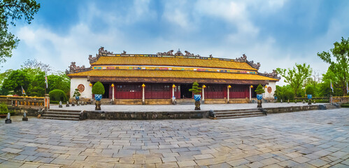 Thái Hòa Palace, or Palace of the infinite Harmony within the walled Imperial City of Hue, Vietnam - obrazy, fototapety, plakaty