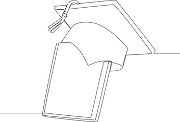 Obraz premium Continuous line drawing of a graduation cap on the text book. Congratulations graduates. Vector illustration for degree ceremony.