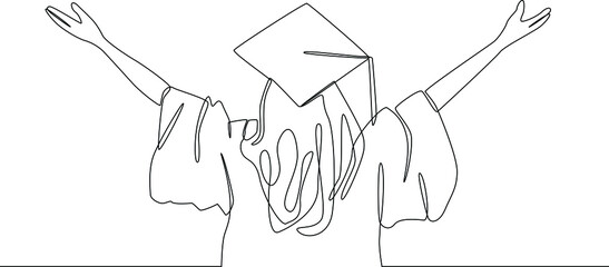 Continuous line drawing of a girl student hands up two hand because she has graduated. Vector illustration.