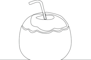 Simple continuous line drawing Coconut water with straw on the beach. The symbol of a holiday by the sea. Summer timer. Vector Illustration.