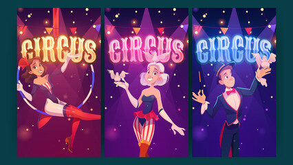 Circus magic show performance cartoon posters. Big top tent artists aerial gymnast girl, magician conjurer and woman with doves perform carnival entertainment on marquee stage Vector invitation flyers - obrazy, fototapety, plakaty