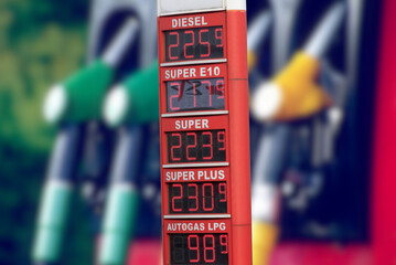 Eine Tankstelle und hohe Preise für Kraftstoffe in Deutschland - obrazy, fototapety, plakaty