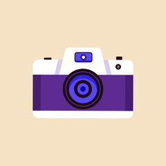 Modern digital camera with lens in vintage style. Scenes from the Studio. Flat vector illustrations isolated on color background.