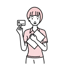 立って書類とカードを手に持つポロシャツの女性