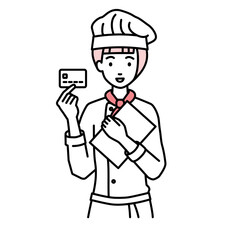 立って書類とカードを手に持つ調理師の女性